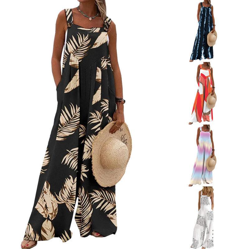 Casual Sleeveless Wide Leg Jumpsuit with European and American Prints for Women - Trendy Mix