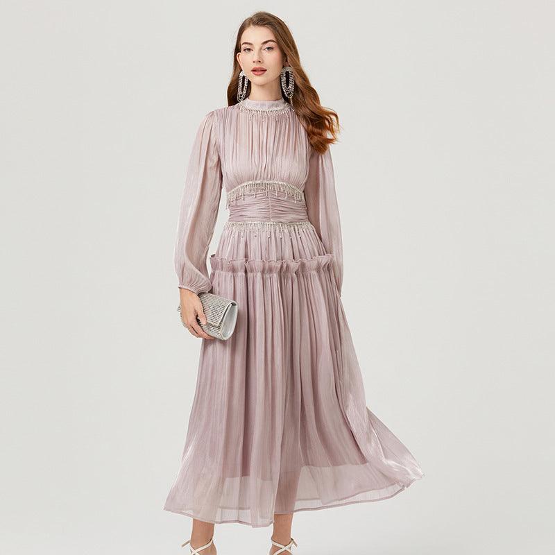 Pleated Waist Tight Long Puff Sleeve Dress - Trendy Mix