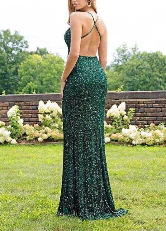 Sequined Lace Back Hollow Out See-through V-neck Dress - Trendy Mix