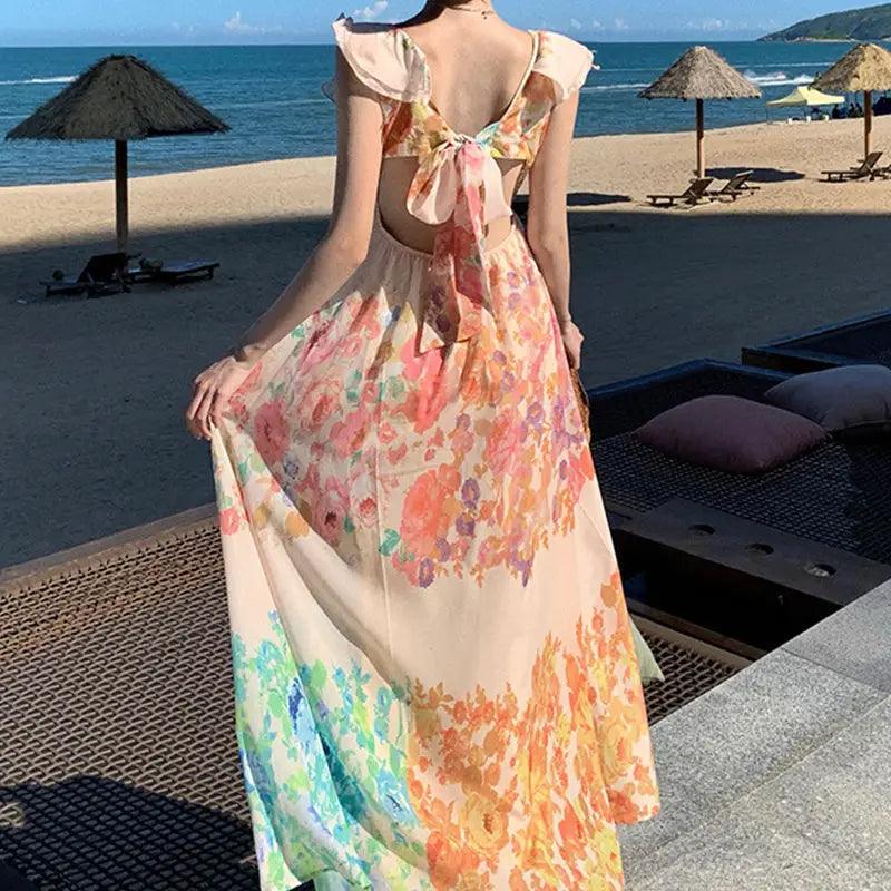 Elegant Summer V-neck Ruffle Sleeve Floral Print Dress with Bow-knot Back for Beach Vacations - Trendy Mix