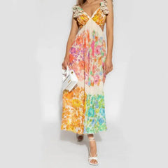 Elegant Summer V-neck Ruffle Sleeve Floral Print Dress with Bow-knot Back for Beach Vacations - Trendy Mix