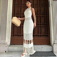 Fashion Vintage Dignified Commuter White long Dress Summer Elegant Knitted Solid White Sleeveless Long Dress Party - Trendy Mix