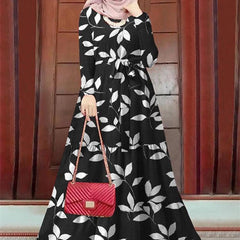 Muslim Floral Print Long Sleeve Swing outfit with Lace - Trendy Mix