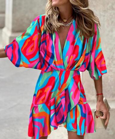 Sleeve V Neck Hem Irregular Hem Dress For Women - Trendy Mix