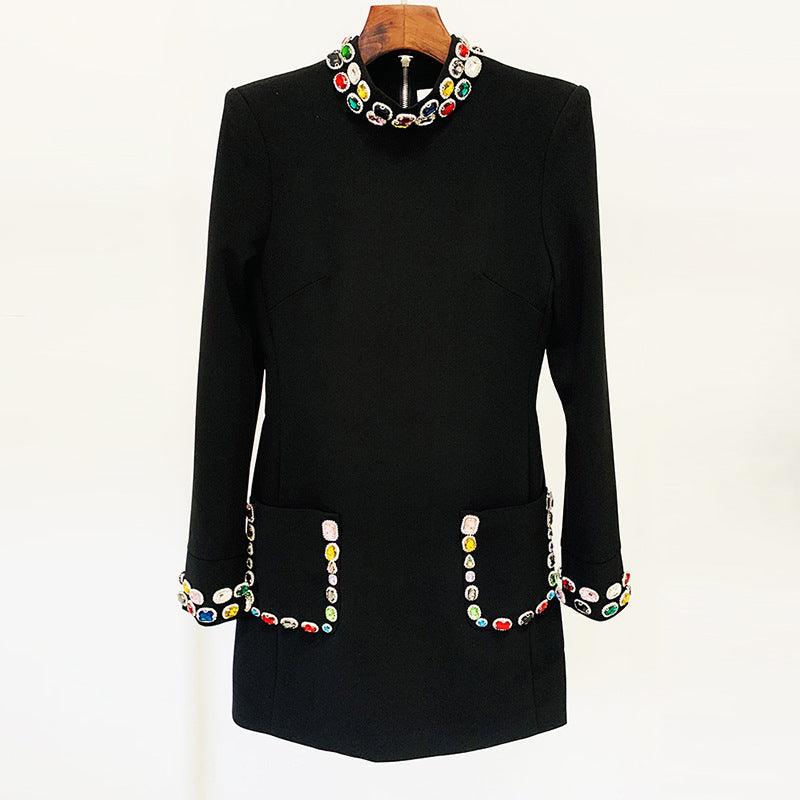 Women's Fashion Heavy Industry Beads Diamond Color Gemstone Diamond Long Sleeve Dress - Trendy Mix