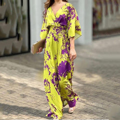 Printed High-Waist Batwing Sleeve Jumpsuit with Loose Fit - Trendy Mix