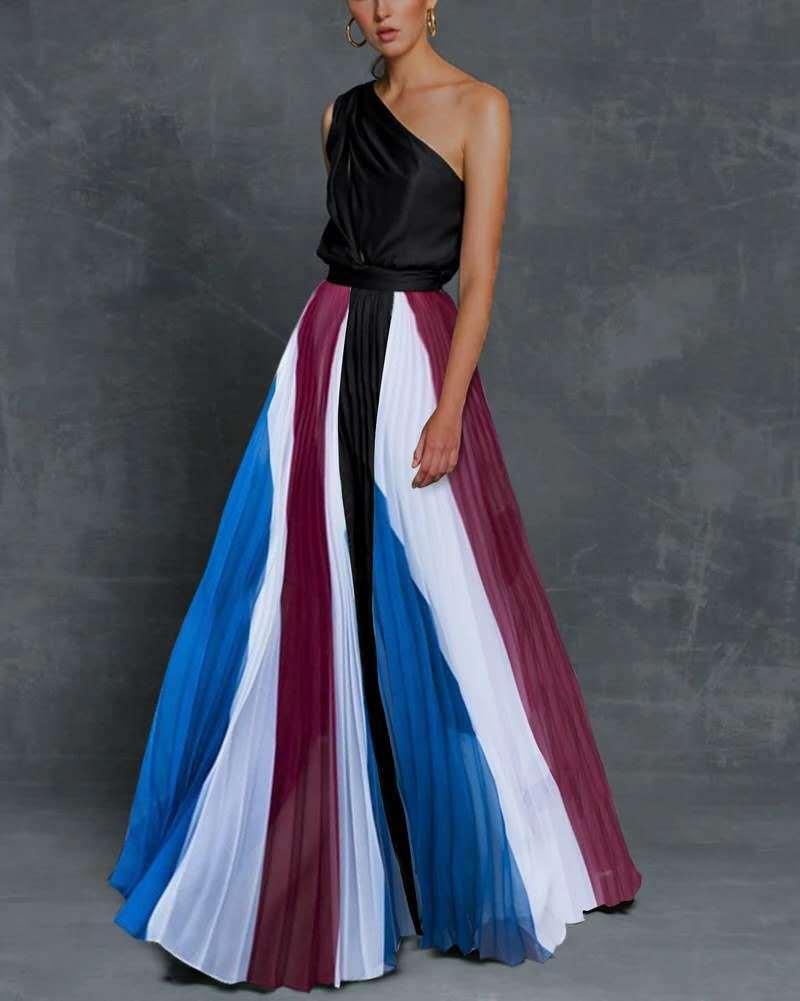 Stitching strapless contrast color long dress - Trendy Mix