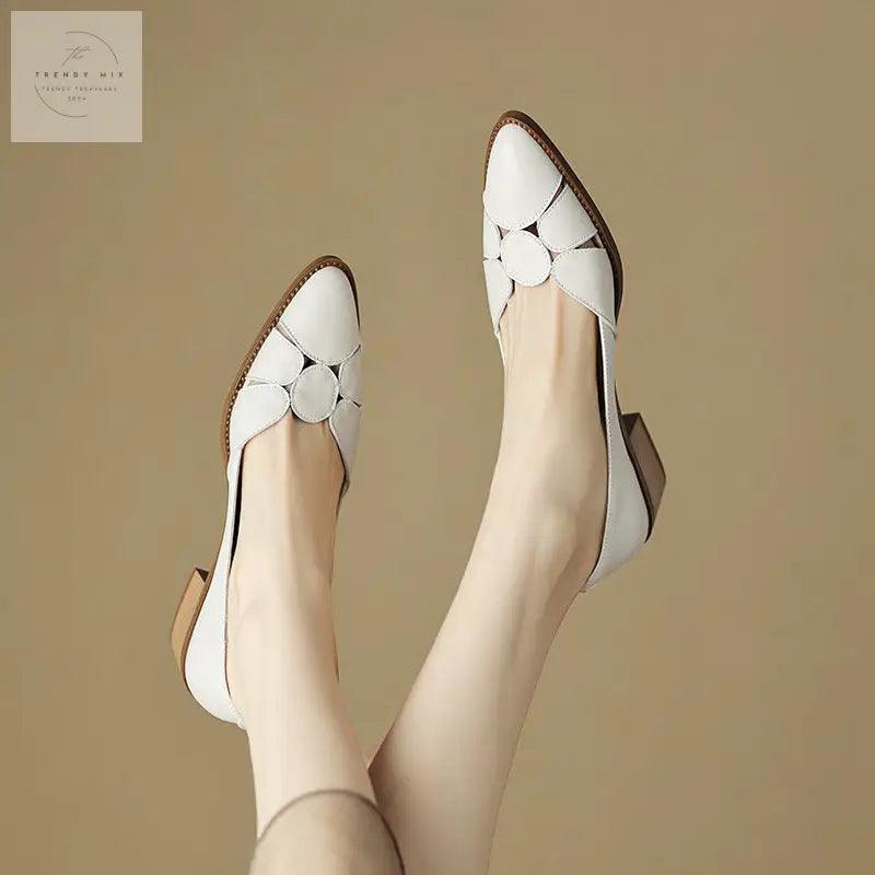 Milky White First Layer Cowhide Low-Chunky Heel Footwear - Trendy Mix