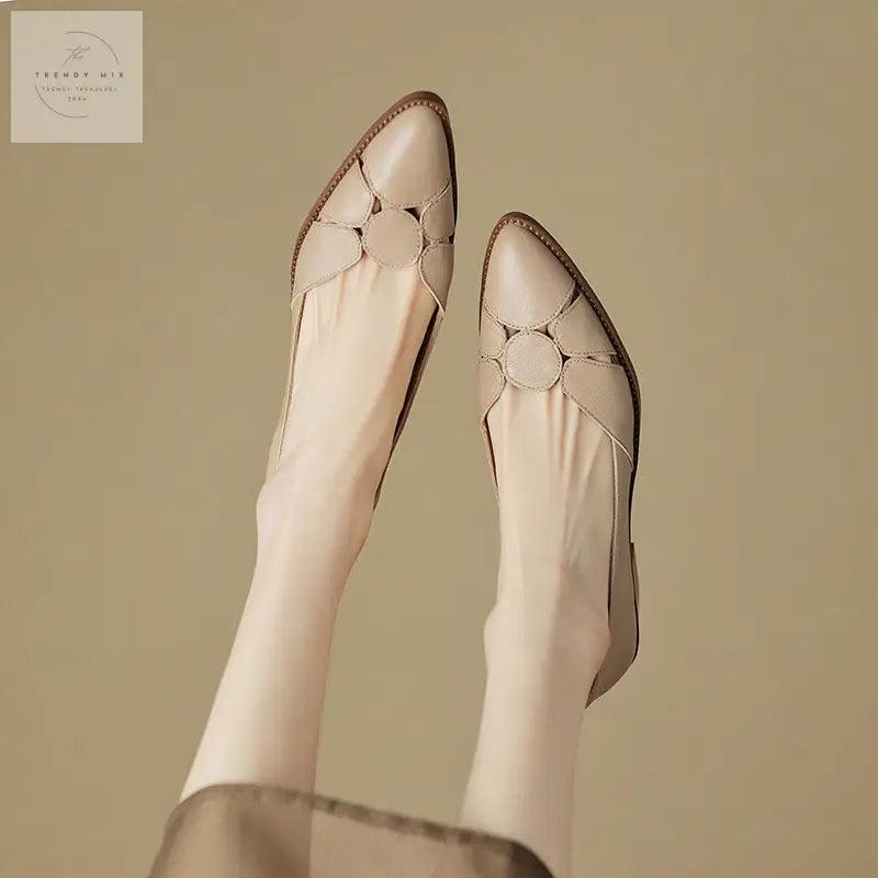 Milky White First Layer Cowhide Low-Chunky Heel Footwear - Trendy Mix