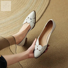 Milky White First Layer Cowhide Low-Chunky Heel Footwear - Trendy Mix