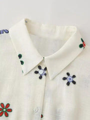 Flower Embroidered Shirt Straight-leg Pants Suit - Trendy Mix