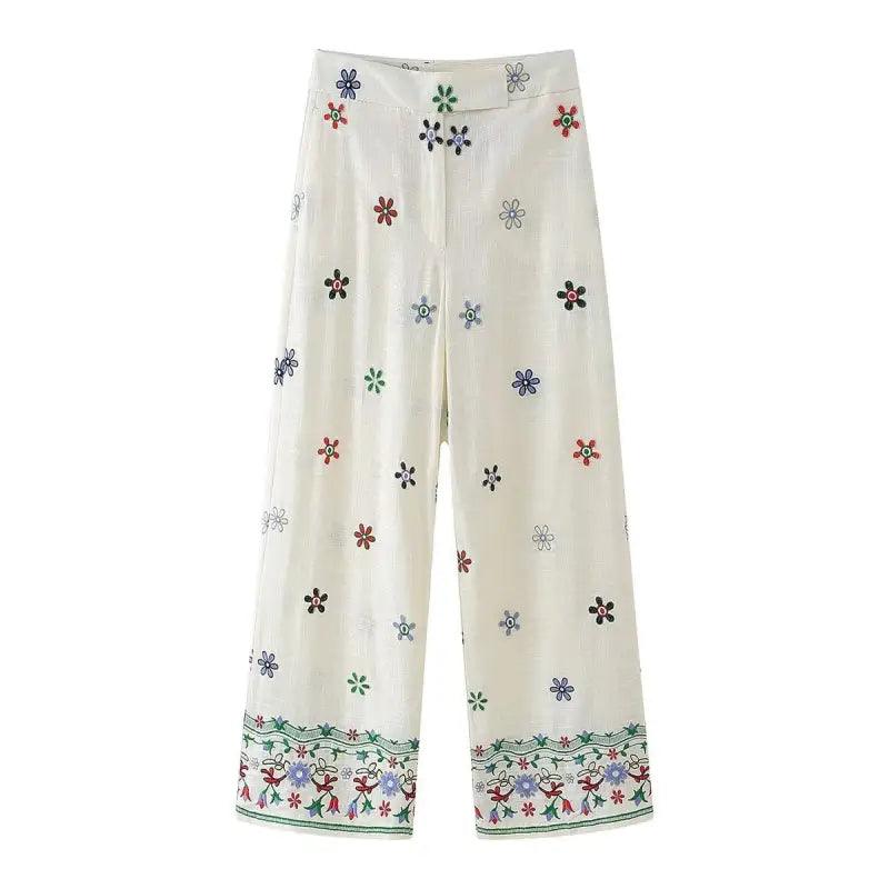 Flower Embroidered Shirt Straight-leg Pants Suit - Trendy Mix