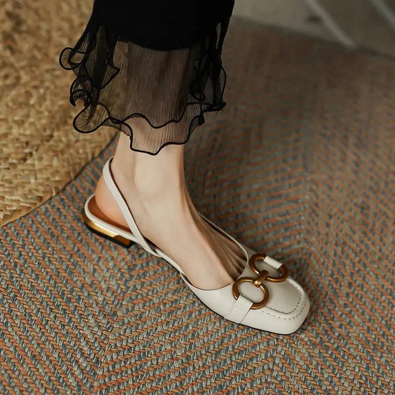 Flat French Leather Sandals with Metal Horsebit Buckle - Hollow Back Design - Trendy Mix