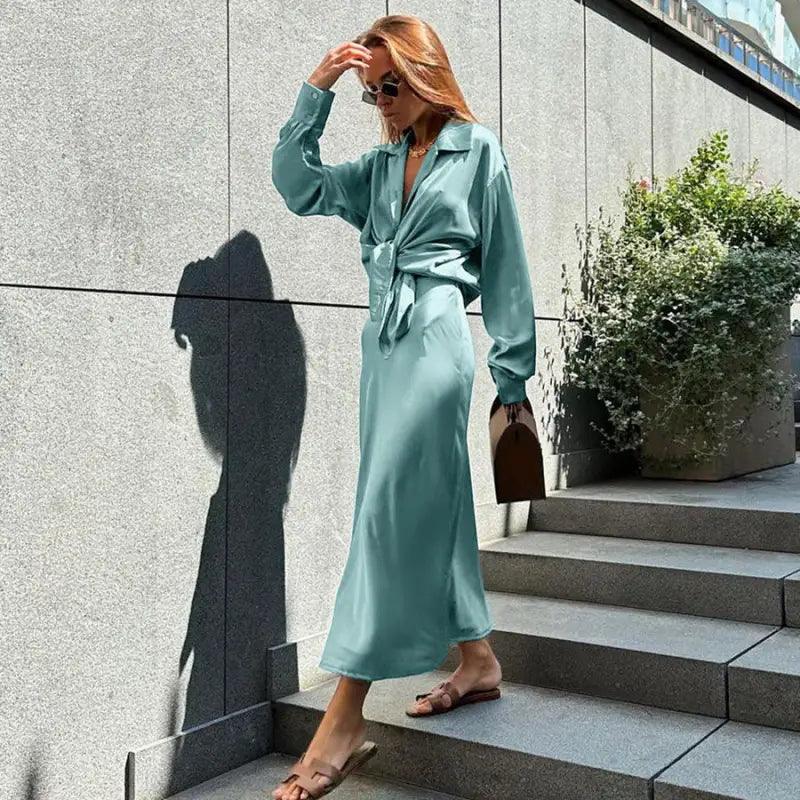 French Satin Suit Collar Top High Waist Fishtail Skirt Two-piece Suit - Trendy Mix