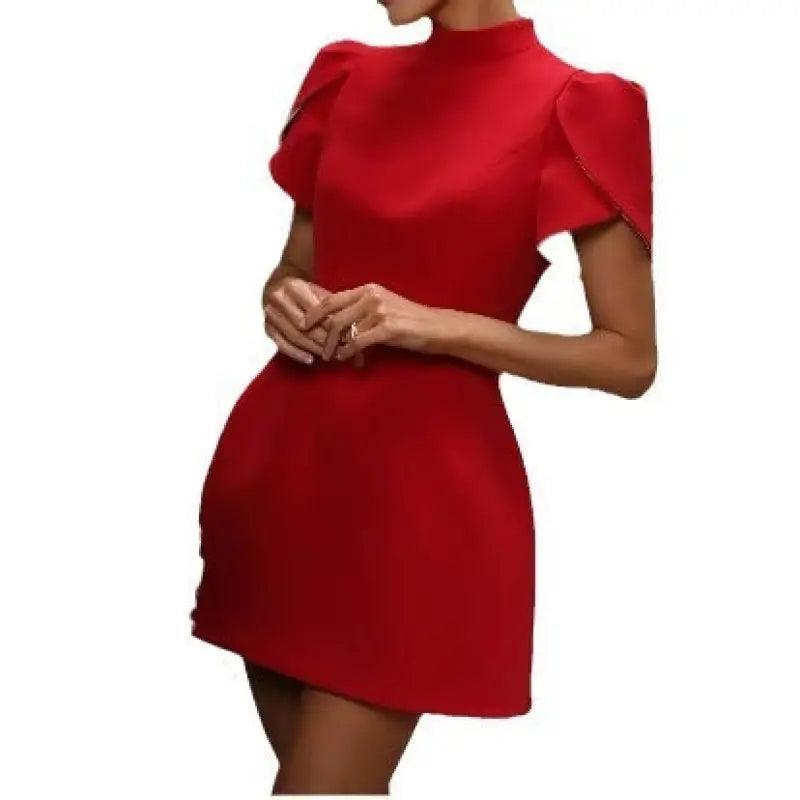 Half Turtleneck Short Sleeved Red Dress Slim Fit High Waist Bow Trim Skirt - Trendy Mix