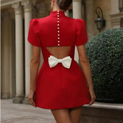 Half Turtleneck Short Sleeved Red Dress Slim Fit High Waist Bow Trim Skirt - Trendy Mix