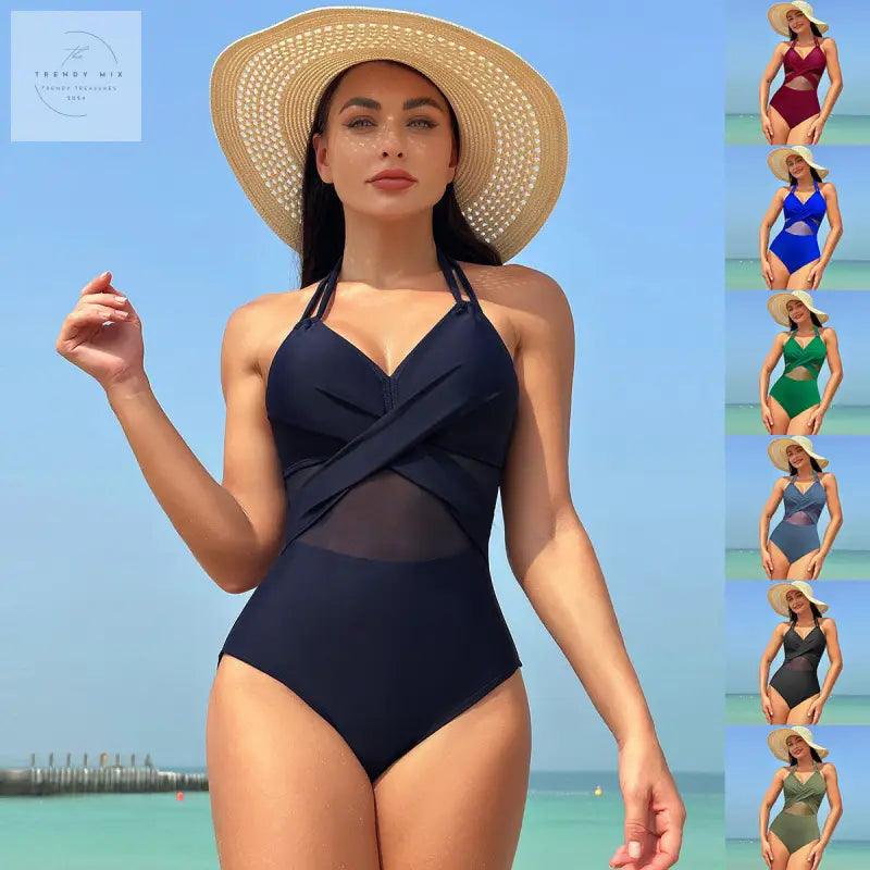 Chic Halter-neck One-piece Swimsuit with Cross-strap Design and Mesh Accents for Stylish Beach Vacations - Trendy Mix