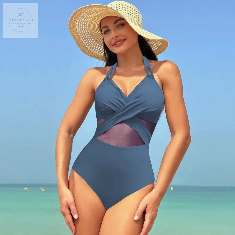 Chic Halter-neck One-piece Swimsuit with Cross-strap Design and Mesh Accents for Stylish Beach Vacations - Trendy Mix