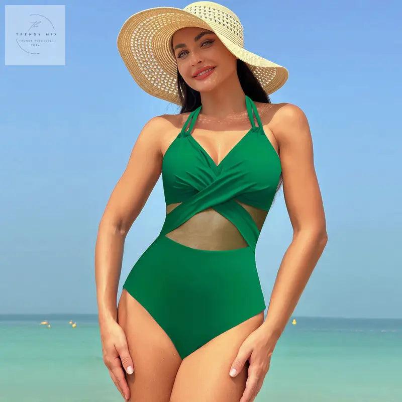 Chic Halter-neck One-piece Swimsuit with Cross-strap Design and Mesh Accents for Stylish Beach Vacations - Trendy Mix