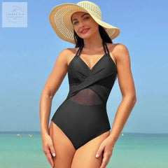 Chic Halter-neck One-piece Swimsuit with Cross-strap Design and Mesh Accents for Stylish Beach Vacations - Trendy Mix