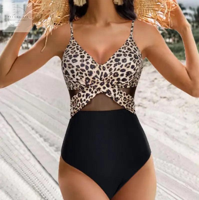 Chic Halter-neck One-piece Swimsuit with Cross-strap Design and Mesh Accents for Stylish Beach Vacations - Trendy Mix