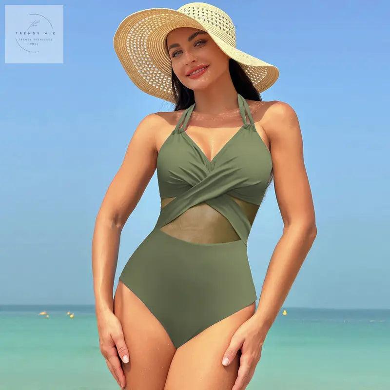 Chic Halter-neck One-piece Swimsuit with Cross-strap Design and Mesh Accents for Stylish Beach Vacations - Trendy Mix