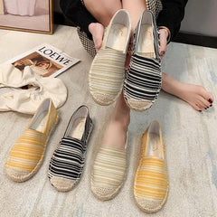 Striped Linen Fisherman Shoes with Hemp Rope and Rubber Sole - Trendy Mix