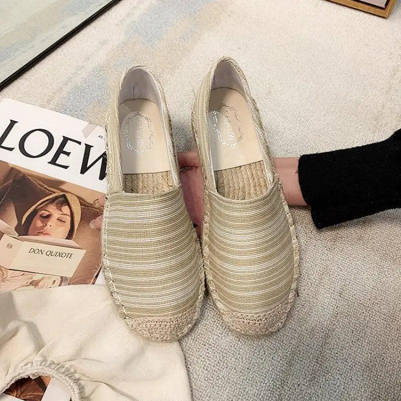 Striped Linen Fisherman Shoes with Hemp Rope and Rubber Sole - Trendy Mix