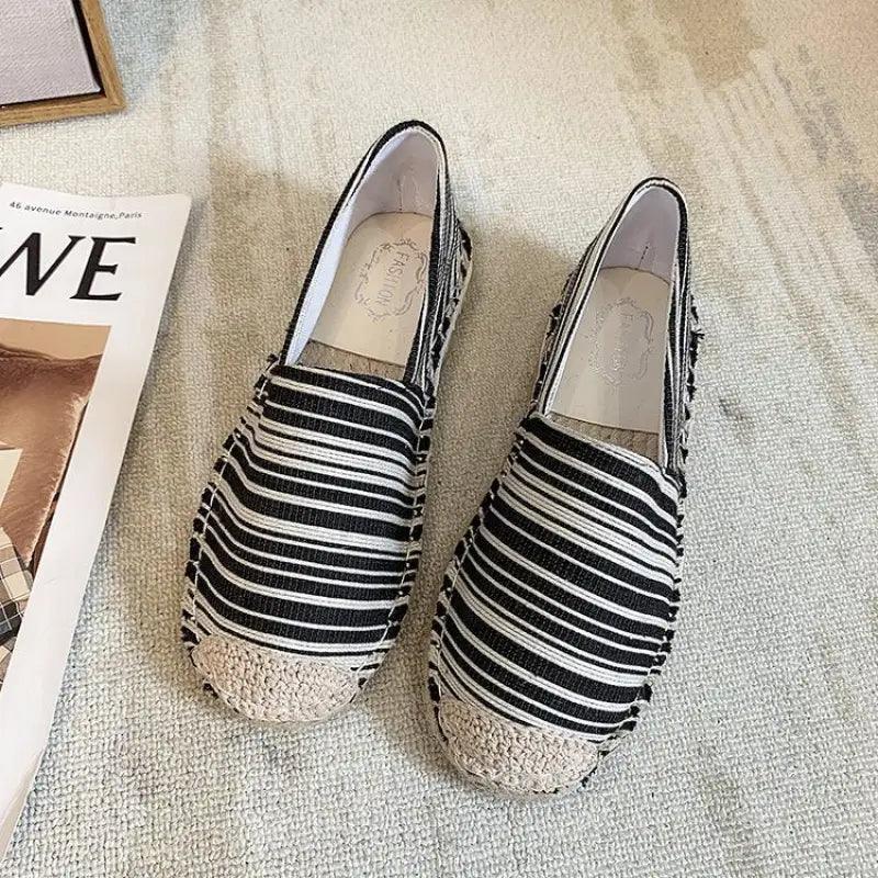 Striped Linen Fisherman Shoes with Hemp Rope and Rubber Sole - Trendy Mix