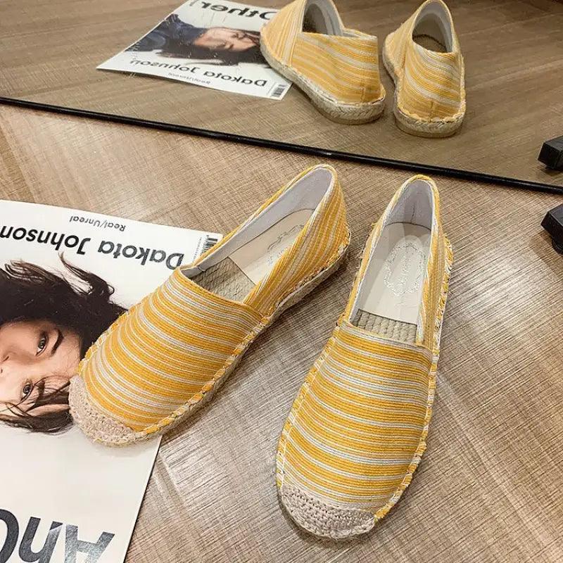 Striped Linen Fisherman Shoes with Hemp Rope and Rubber Sole - Trendy Mix