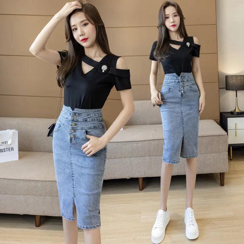 High Waisted Denim Wrap Hip Skirt Design - Trendy Mix