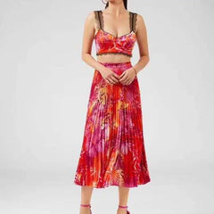 Holiday Style Halter Vest + Printed High-waisted Pleated Skirt - Trendy Mix