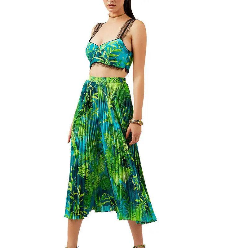 Holiday Style Halter Vest + Printed High-waisted Pleated Skirt - Trendy Mix