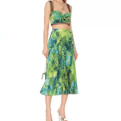 Holiday Style Halter Vest + Printed High-waisted Pleated Skirt - Trendy Mix