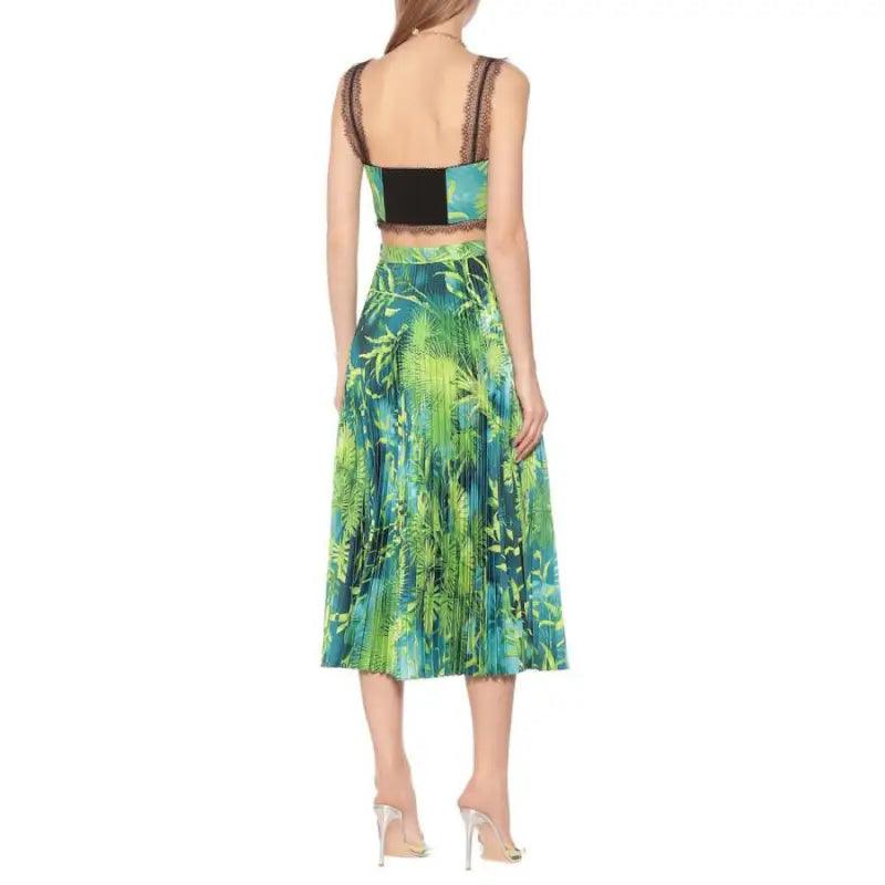 Holiday Style Halter Vest + Printed High-waisted Pleated Skirt - Trendy Mix