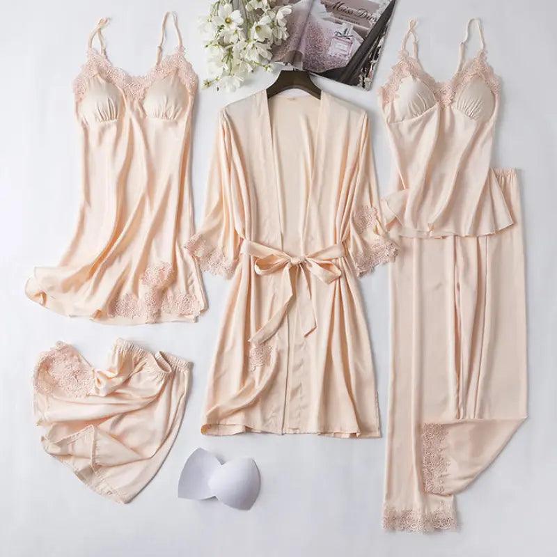 Ice Silk Sexy Slip Nightdress Silk Satin Nightgown With Chest Pad Five-piece Suit Homewear - Trendy Mix