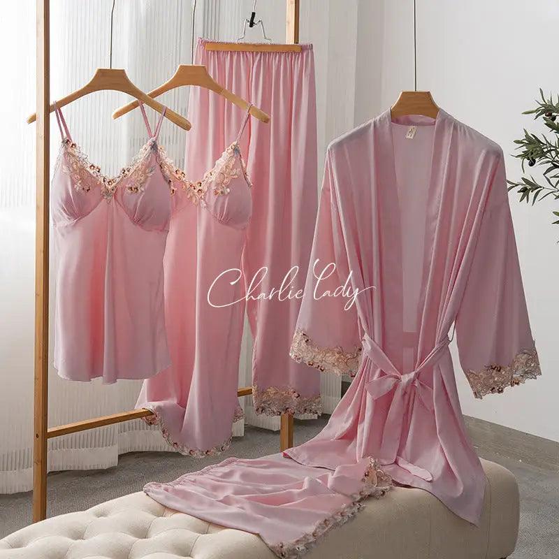 Ice Silk Sexy Slip Nightdress Silk Satin Nightgown With Chest Pad Five-piece Suit Homewear - Trendy Mix