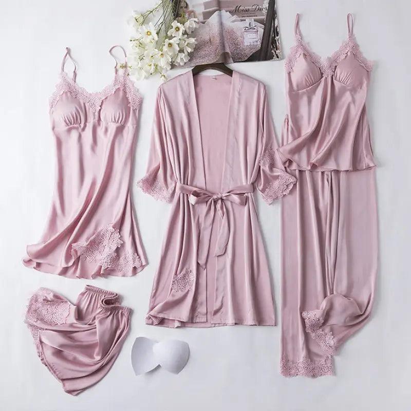 Ice Silk Sexy Slip Nightdress Silk Satin Nightgown With Chest Pad Five-piece Suit Homewear - Trendy Mix