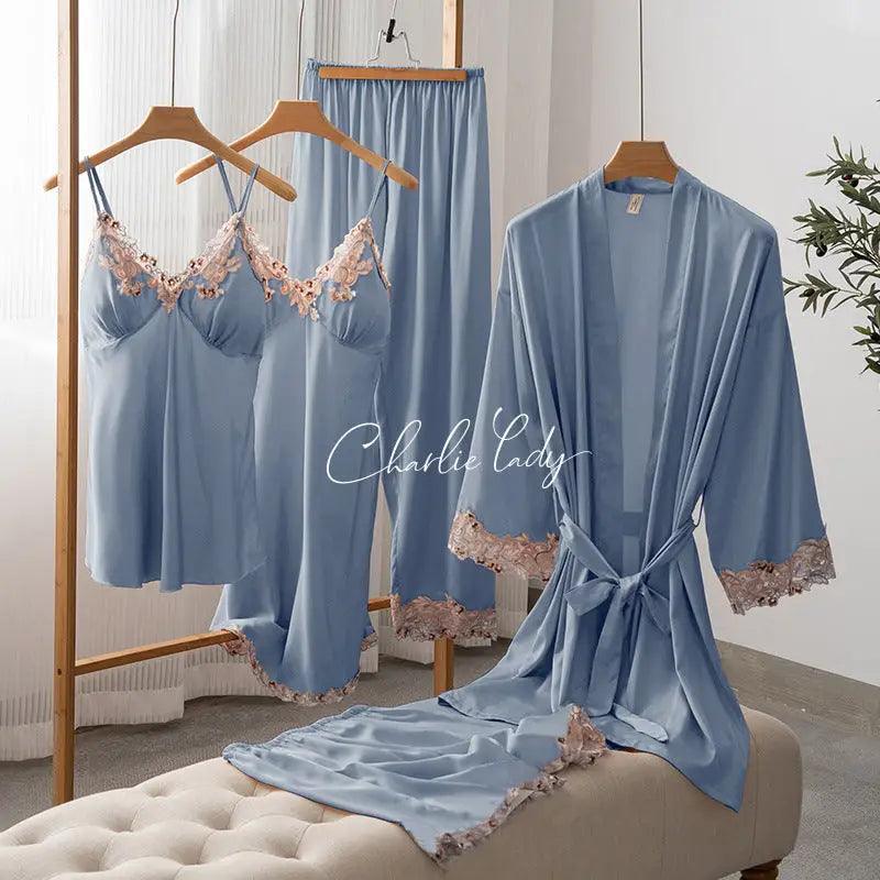 Ice Silk Sexy Slip Nightdress Silk Satin Nightgown With Chest Pad Five-piece Suit Homewear - Trendy Mix