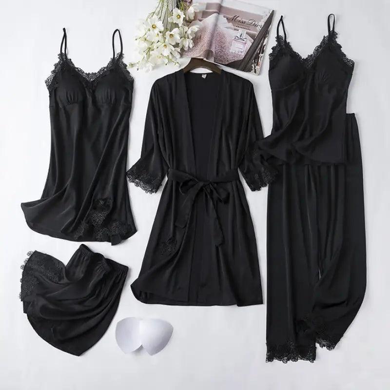 Ice Silk Sexy Slip Nightdress Silk Satin Nightgown With Chest Pad Five-piece Suit Homewear - Trendy Mix