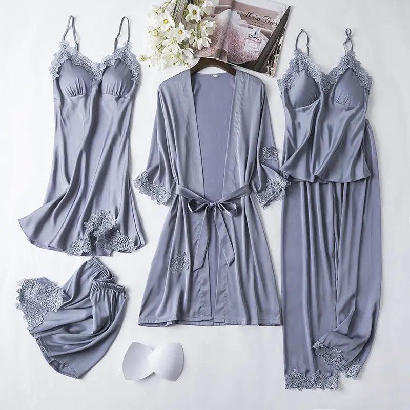 Ice Silk Sexy Slip Nightdress Silk Satin Nightgown With Chest Pad Five-piece Suit Homewear - Trendy Mix