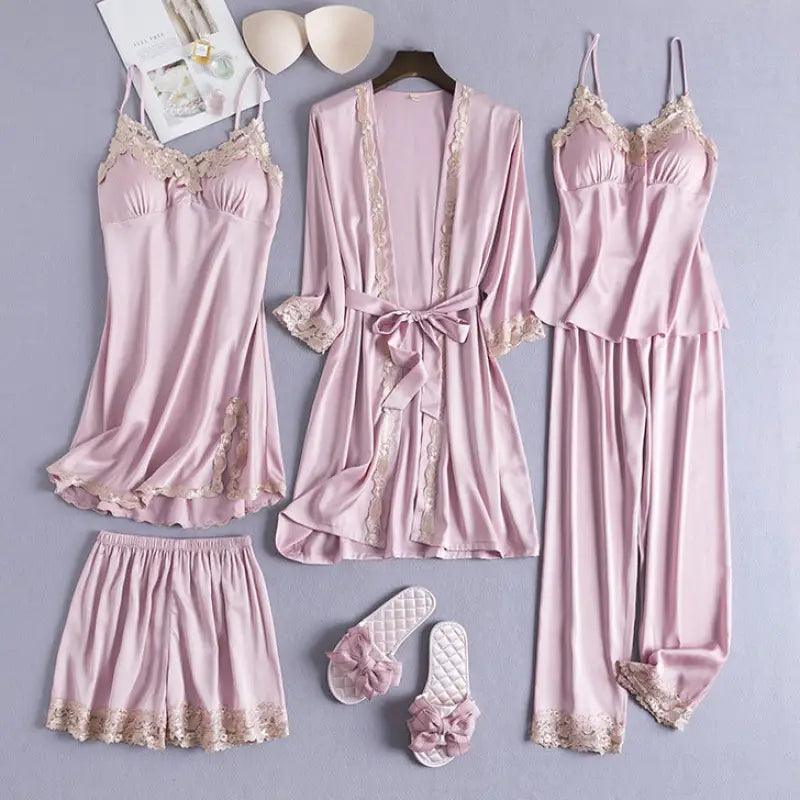 Ice Silk Sexy Slip Nightdress Silk Satin Nightgown With Chest Pad Five-piece Suit Homewear - Trendy Mix