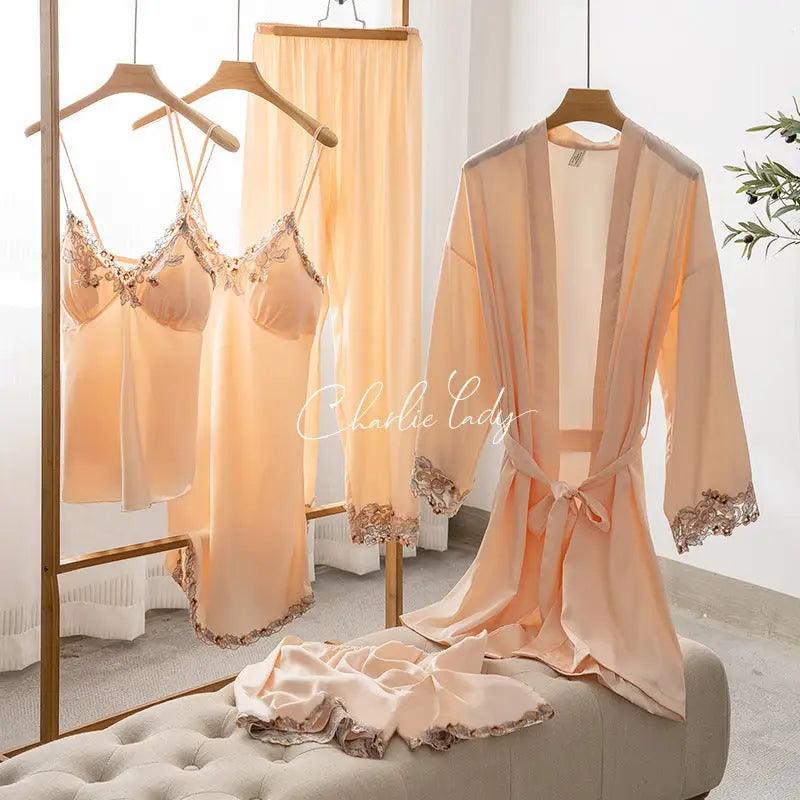 Ice Silk Sexy Slip Nightdress Silk Satin Nightgown With Chest Pad Five-piece Suit Homewear - Trendy Mix