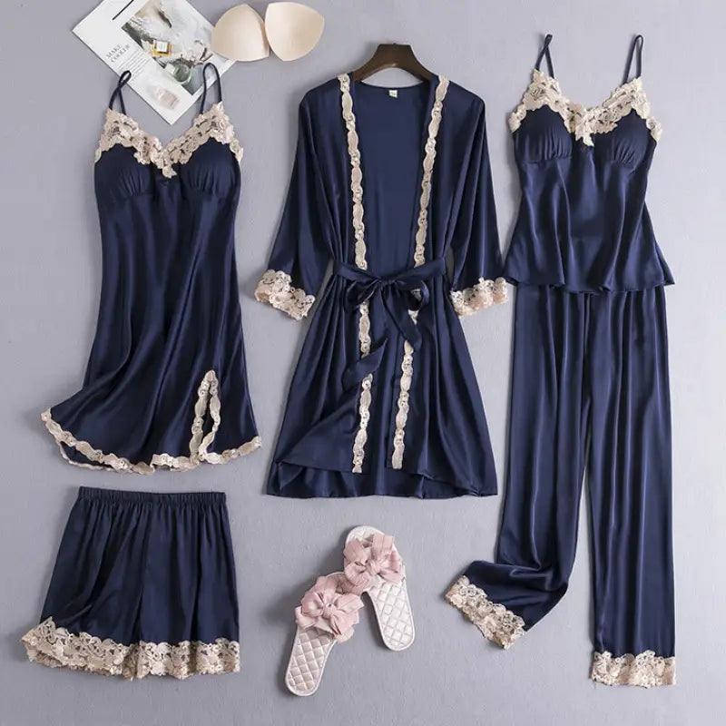 Ice Silk Sexy Slip Nightdress Silk Satin Nightgown With Chest Pad Five-piece Suit Homewear - Trendy Mix