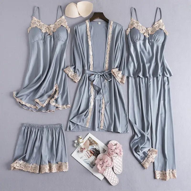 Ice Silk Sexy Slip Nightdress Silk Satin Nightgown With Chest Pad Five-piece Suit Homewear - Trendy Mix