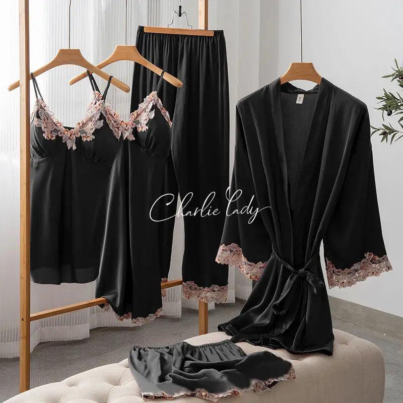 Ice Silk Sexy Slip Nightdress Silk Satin Nightgown With Chest Pad Five-piece Suit Homewear - Trendy Mix