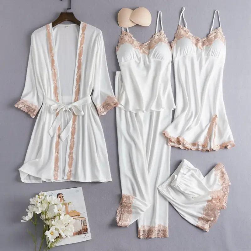 Ice Silk Sexy Slip Nightdress Silk Satin Nightgown With Chest Pad Five-piece Suit Homewear - Trendy Mix