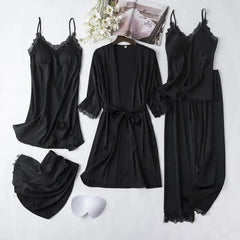 Ice Silk Sexy Slip Nightdress Silk Satin Nightgown With Chest Pad Five-piece Suit Homewear - Trendy Mix