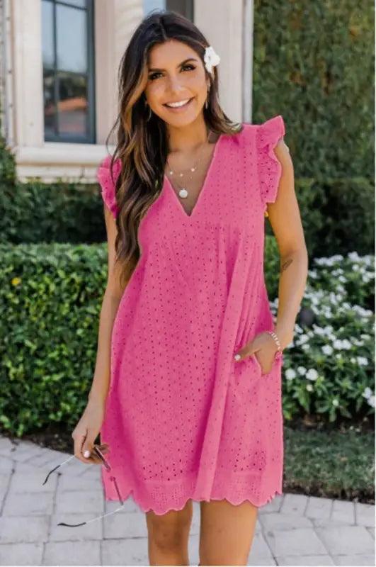 Lace Dresses With Pocket Summer Sleeveless Jacquard Cutout V-neck Beach Dress - Trendy Mix