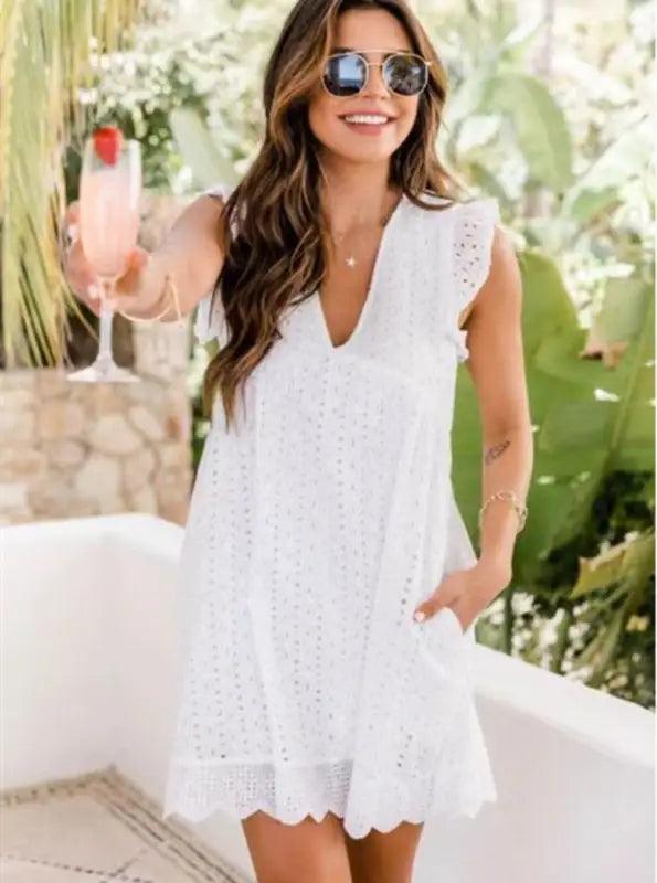 Lace Dresses With Pocket Summer Sleeveless Jacquard Cutout V-neck Beach Dress - Trendy Mix